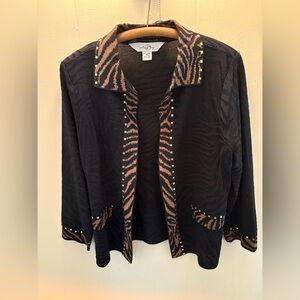 Ming Wang Black and Brown Animal Print Jacket Top with metallic gold accents.